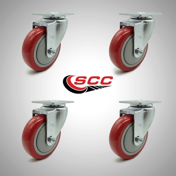 4 Inch SS Red Polyurethane Wheel Swivel Top Plate Caster Set
